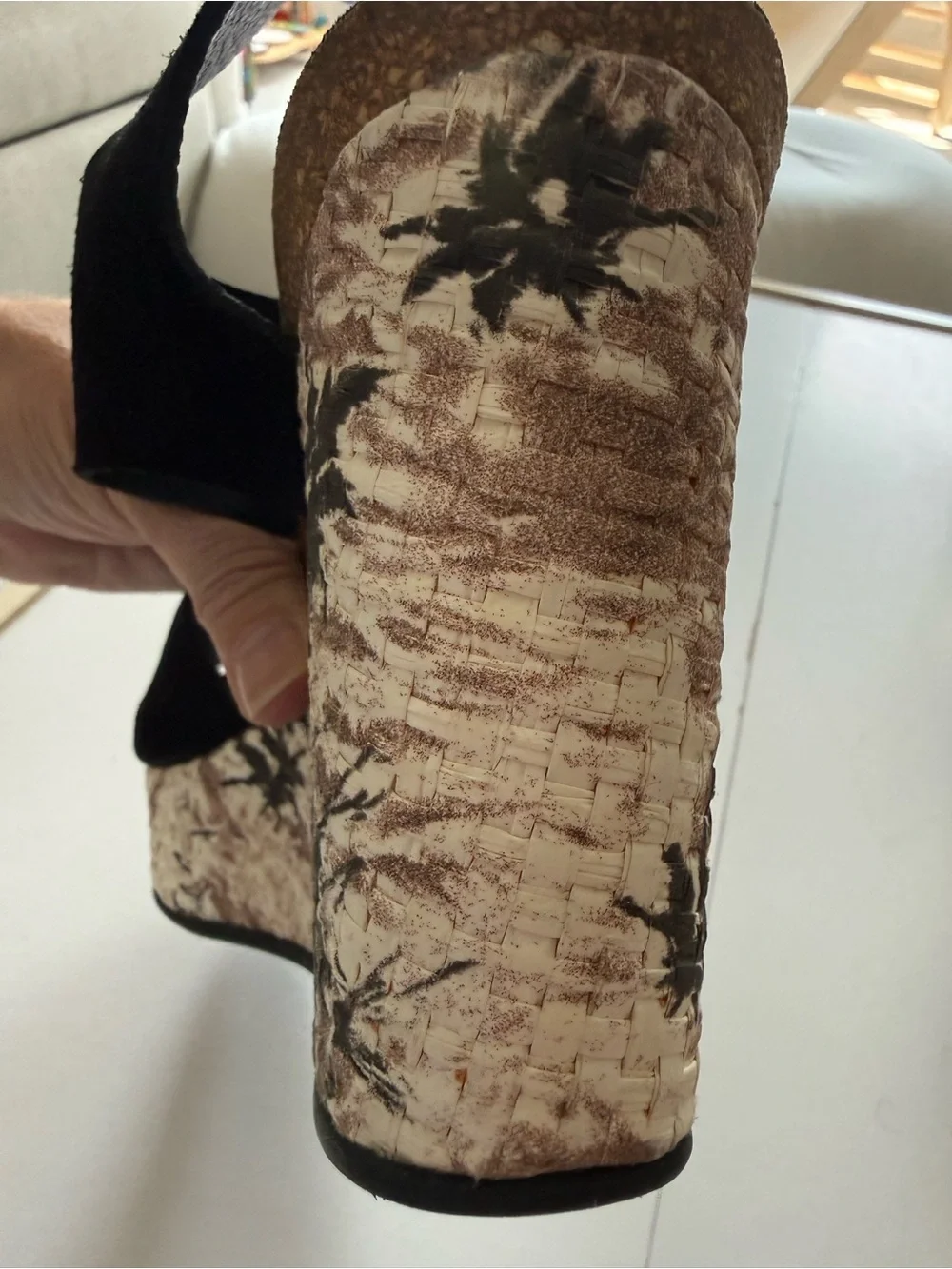 Pedro Garcia Black Suede Wedge Sandals with Patterned Cork Platform